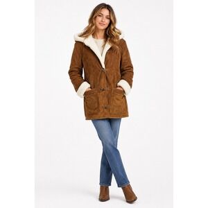 Suede Vintage Sherpa Lined Hooded Toggle Leather Coat Brown Womens Size M